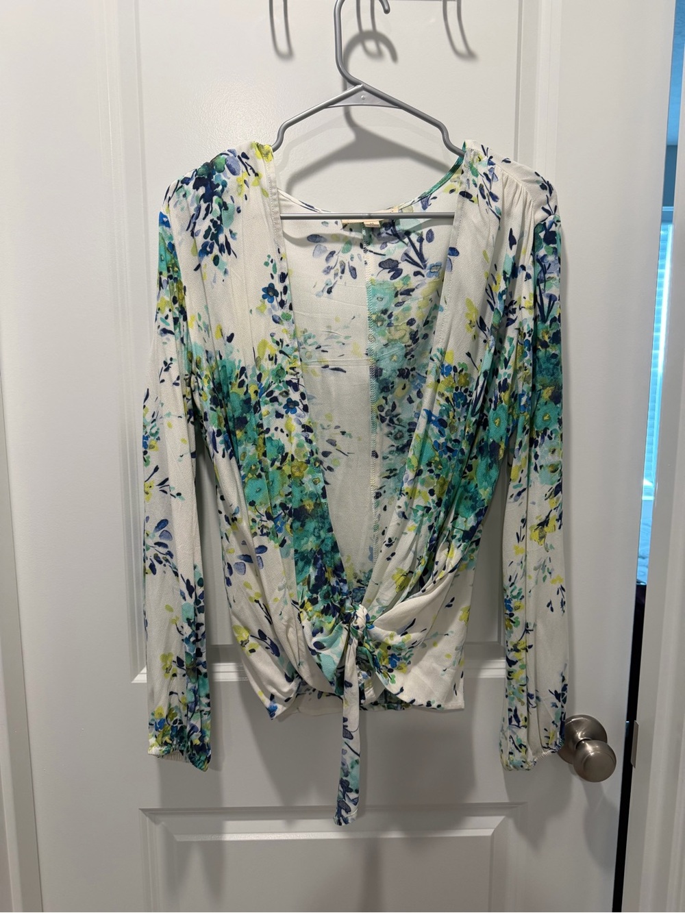 Floral Tie-Front Long Sleeve Top - White with Teal & Blue